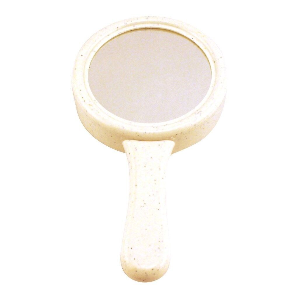 A round, handheld "LAUGHING MIRROR - Sound Activated Prank Joke Toy Gag Funny Magic Clown Trick" with a beige speckled frame and handle, perfect as a gag gift for an Over the Hill celebration.