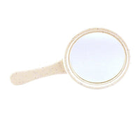 The LAUGHING MIRROR, a beige handheld prank toy featuring a round reflective surface and speckled handle, is perfect as an Over the Hill gag gift.