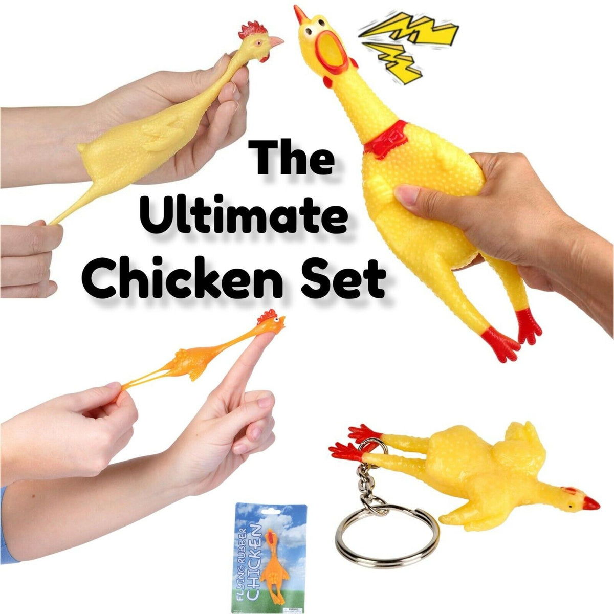 The Ultimate Chicken Set - 4 Assorted Rubber Chicken - GaG Prank Joke Funny Gift