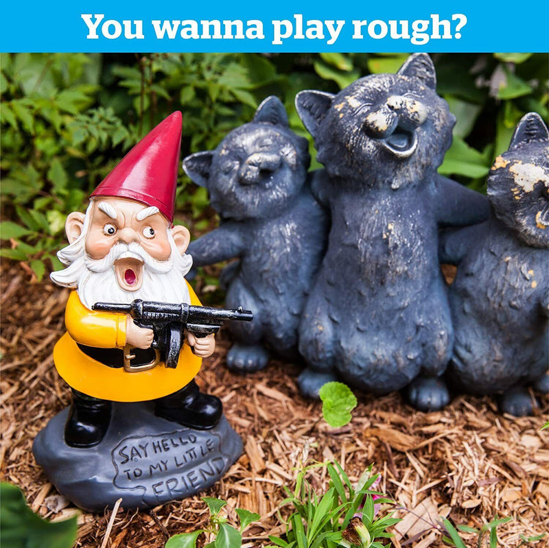 The 🔫 Scarface Garden Gnome – “Say Hello to My Little Friend” 🌿 faces three bear statues among green plants, holding a toy gun with "You wanna play rough?" above—gangster charm for your yard in weatherproof resin.