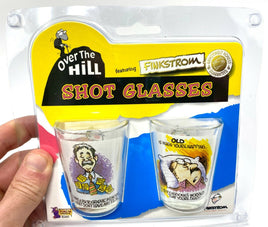 2pk Funny Shot Glass Gift Set "Over The Hill"  Novelty GaG Prank Joke Retirement