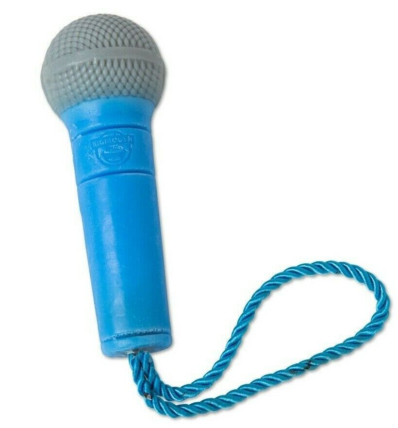 Introducing the Microphone Soap On Rope by BigMouth Inc, a blue toy microphone with a braided blue cord attached to its base, perfect for shower concerts that keep you squeaky clean! The microphone head is gray, making it a fun and practical accessory.