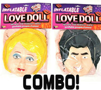 Packaging of two life-size inflatable doll heads, labeled "Combo!", featuring Inflatable Judy with blonde hair and Inflatable John with black hair. Perfect for adding a bit of fun, ideal for bachelor or bachelorette parties.