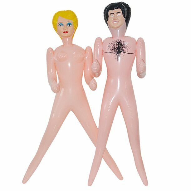 A pair of human-shaped life-sized inflatables from the "Inflatable Judy + John Inflate a Date Bachelor/Bachelorette Party Blow Up Dolls" collection stand side by side, with Inflatable Judy showcasing blonde hair and Inflatable John sporting dark locks.