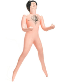 Life-size Inflatable John from the "Inflatable Judy + John Inflate a Date Bachelor/Bachelorette Party Blow Up Dolls" collection, featuring a chest hair design and a smiling face, posed upright with bent arms.