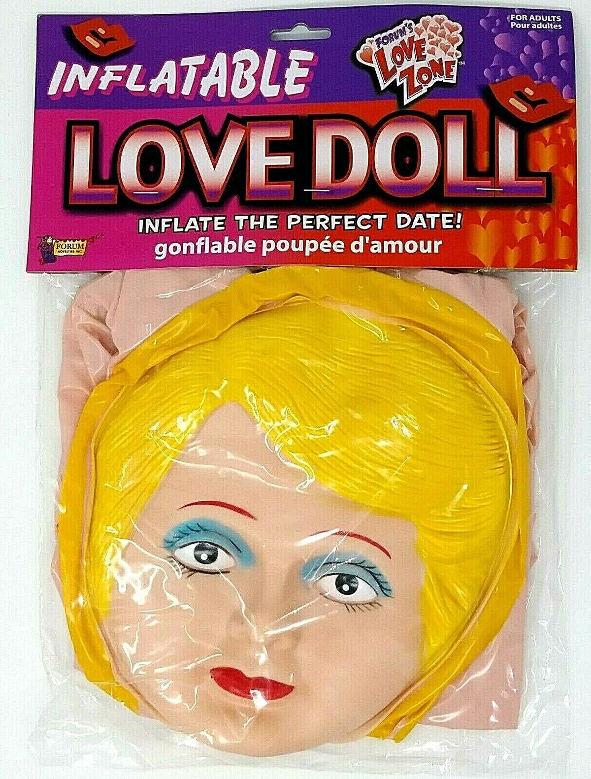 The packaging features a life-size inflatable Judy with an illustrated cartoonish female face and blonde hair. The label reads "For Adults," and the product is named "Inflatable Judy + John Inflate a Date Bachelor/Bachelorette Party Blow Up Dolls.