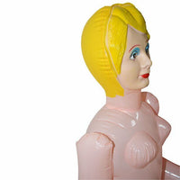 The Inflatable Judy, featuring yellow hair and a neutral expression, is shown from the side against a plain white background. This product is part of the "Inflatable Judy + John Inflate a Date Bachelor/Bachelorette Party Blow Up Dolls" collection.