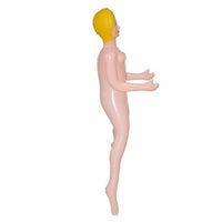 Side view of a life-size inflatable Judy from the Inflatable Judy + John Inflate a Date Bachelor/Bachelorette Party Blow Up Dolls, featuring pink hues, vibrant yellow hair, and open arms.