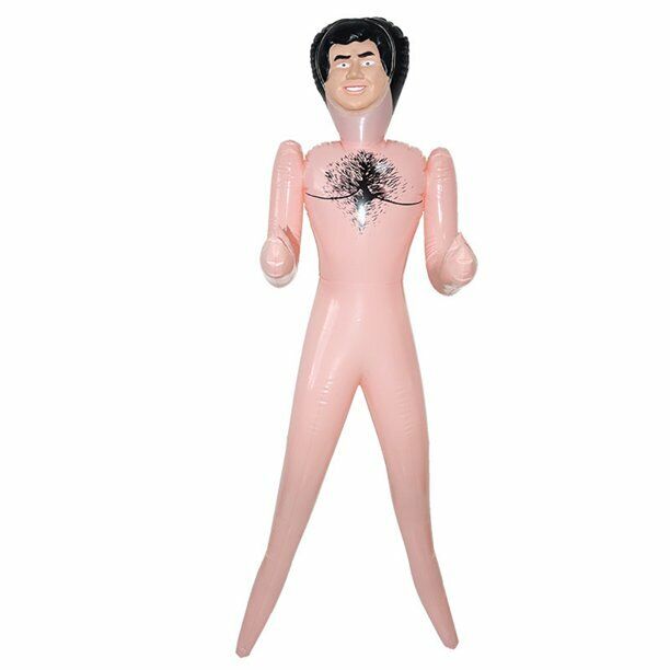 Life-size inflatable John doll from the Inflate a Date collection, showcasing a cartoonish face and black chest hair, perfect for bachelor or bachelorette parties.