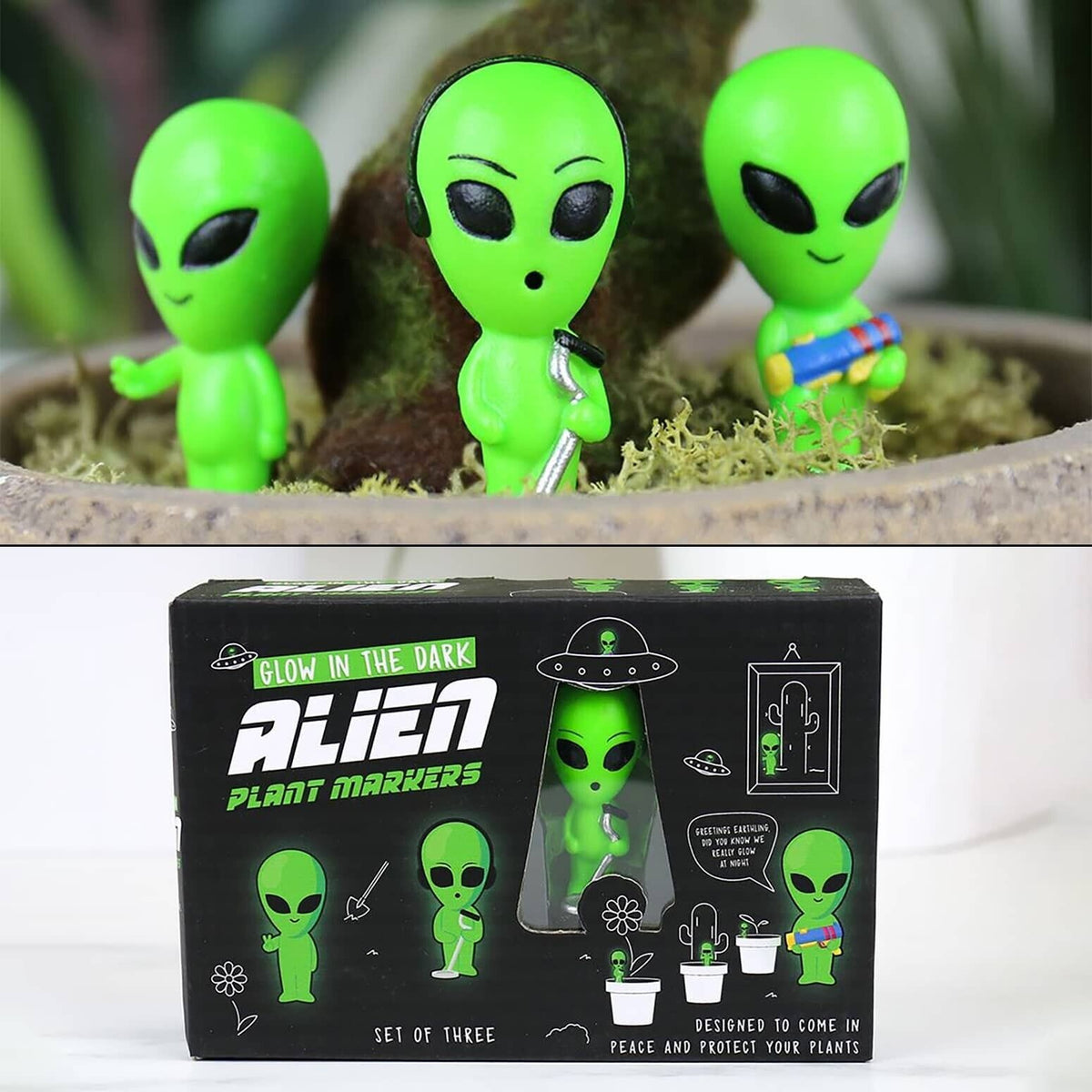 3pk Alien Statues Mini Plant Pot Glow in Dark Garden Planter Decoration Gift