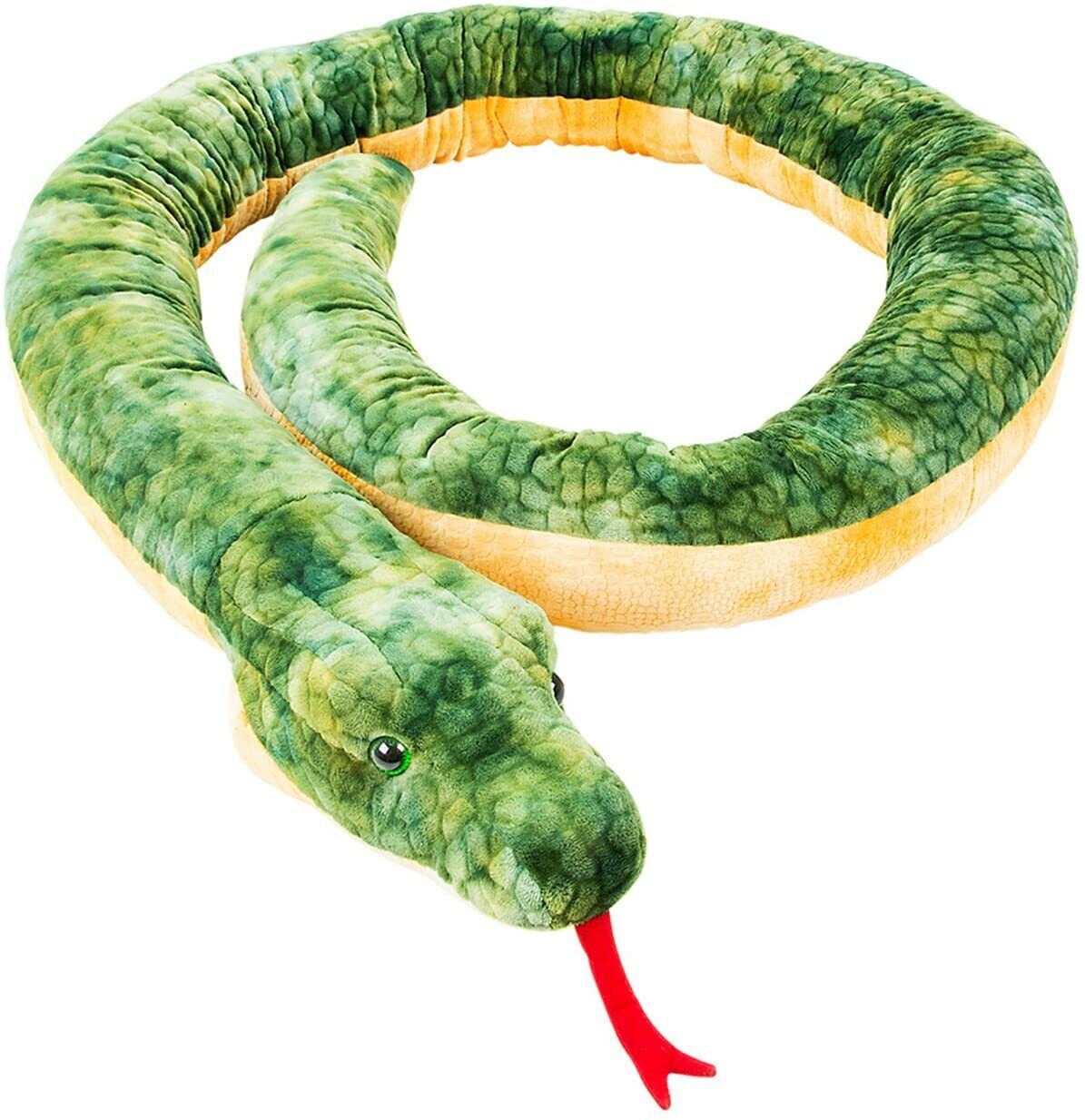 The Giant 100 Inch Long Anaconda Snake Plush Stuffed Animal Toy - Amazing! boasts a green, textured body adorned with realistic markings and a red forked tongue. Coiled in a circular shape, it creates an incredibly convincing life-size stuffed animal.