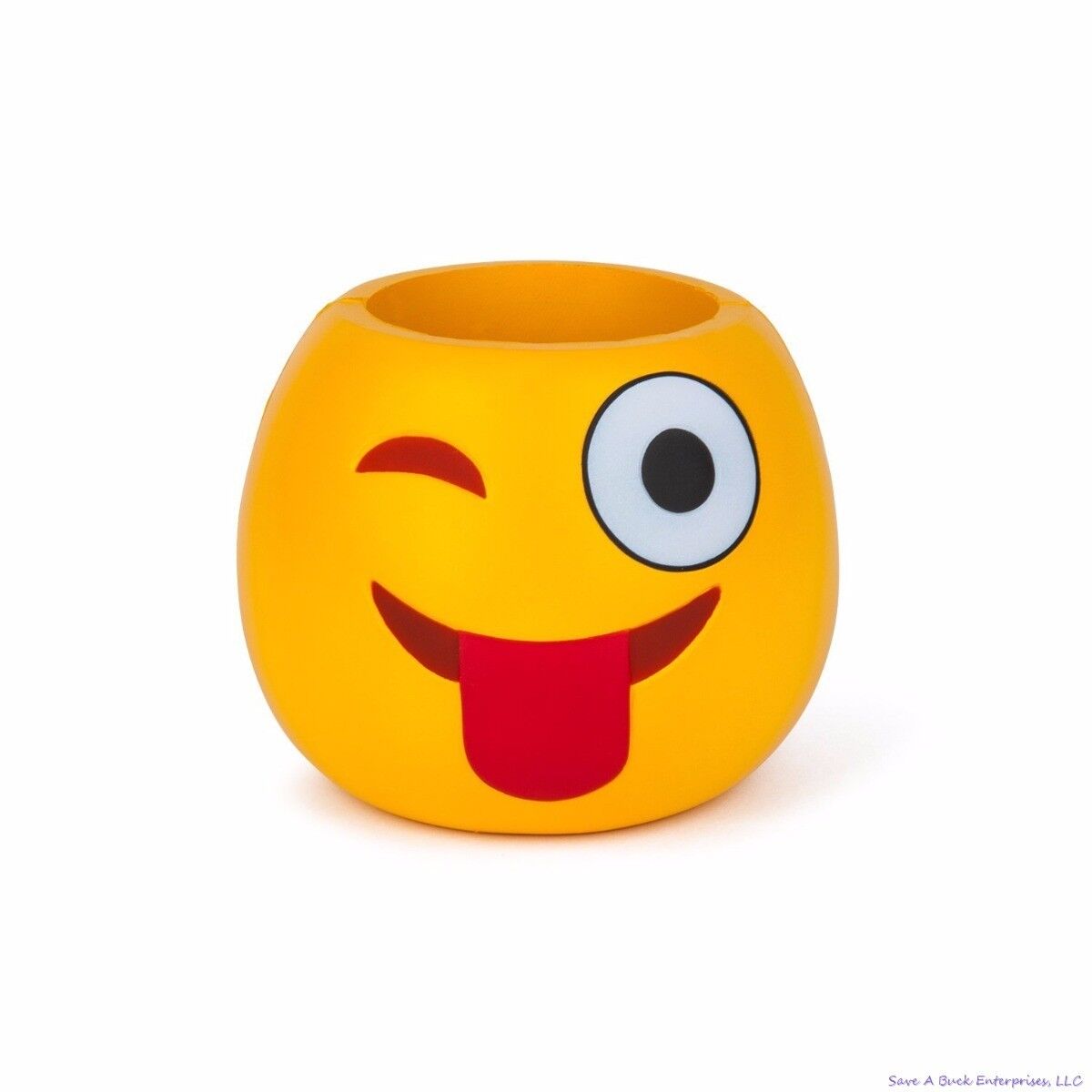 A yellow round container, the CRAZY WINKING EMOJI Drink Can Bottle Beer Soda Cooler from BigMouth, features a winking face with a tongue sticking out emoji printed on it and serves as an insulated can holder.