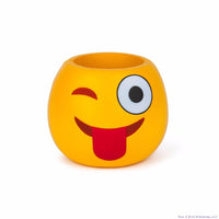 A yellow round container, the CRAZY WINKING EMOJI Drink Can Bottle Beer Soda Cooler from BigMouth, features a winking face with a tongue sticking out emoji printed on it and serves as an insulated can holder.