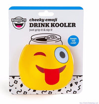 A yellow drink cooler featuring a winking face and tongue out emoji, designed to keep drinks cold. Branded by BigMouth Inc., this CRAZY WINKING EMOJI Drink Can Bottle Beer Soda Cooler is labeled as a "cheeky emoji drink kooler.