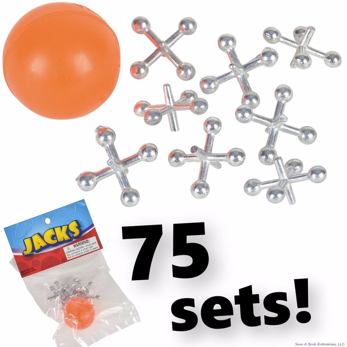 75 Sets of Metal Steel Jacks with Red Rubber Ball - Classic Fun Kid Toy Party Favor Games