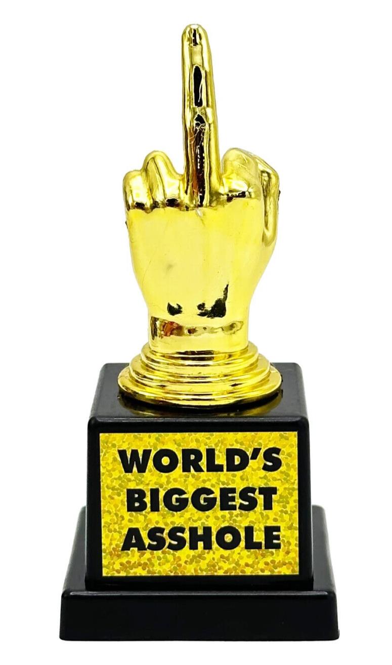 The "World's Biggest AS%HO#E Trophy Middle Finger F-U- Golden Award - Joke Gag Gift" is a gold trophy designed in the shape of a hand making a middle finger gesture, set on a black base with a plaque that reads "WORLD'S BIGGEST ASSHOLE"—the ultimate humorous gift for someone who can appreciate a good laugh.