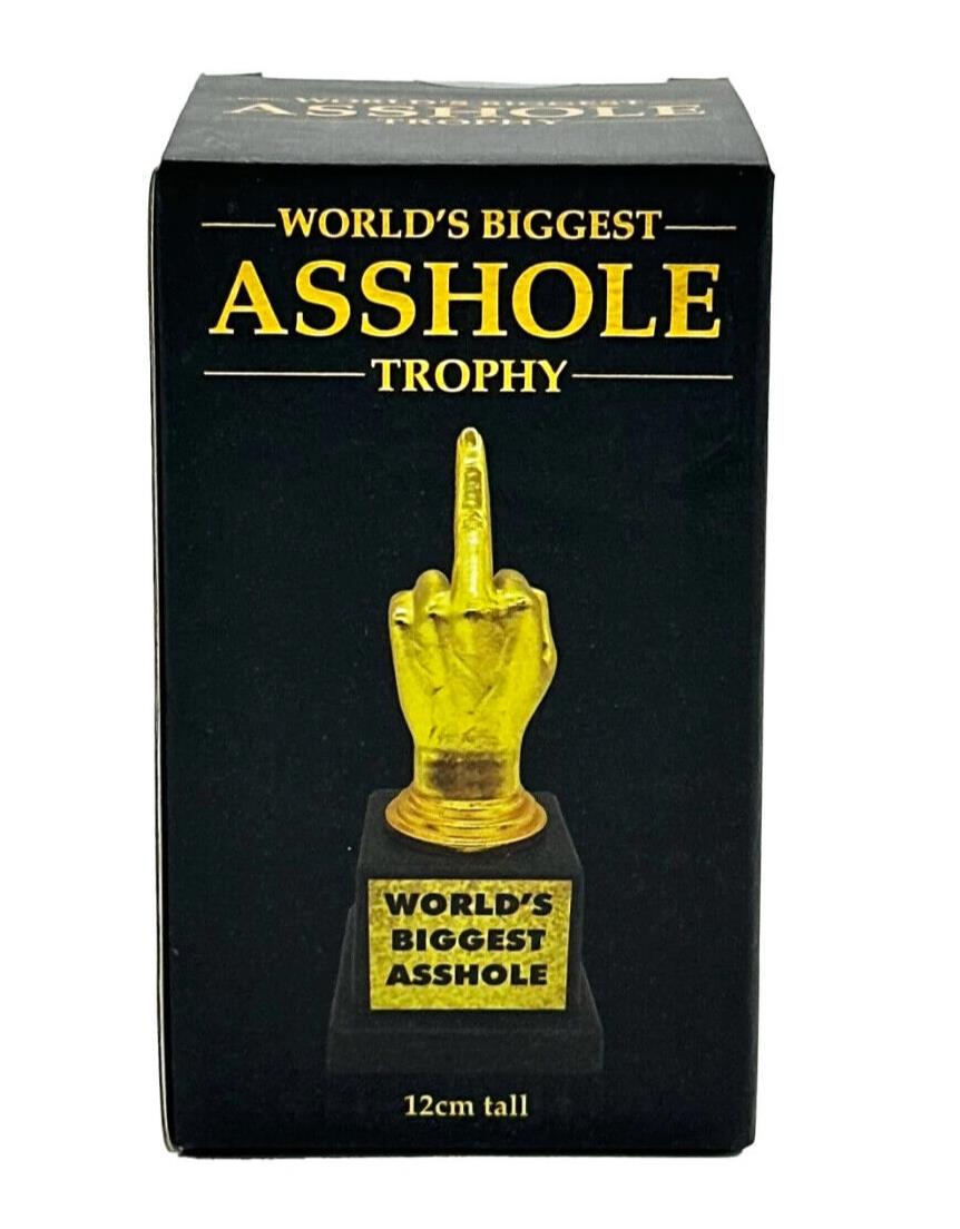 A box containing the "World's Biggest AS%HO#E Trophy Middle Finger F-U- Golden Award - Joke Gag Gift" features a gold hand flipping the middle finger, making it an excellent gag gift. This humorous trophy stands 12 cm tall, making it a perfect addition to any collection of novelty items.