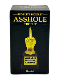 A box containing the "World's Biggest AS%HO#E Trophy Middle Finger F-U- Golden Award - Joke Gag Gift" features a gold hand flipping the middle finger, making it an excellent gag gift. This humorous trophy stands 12 cm tall, making it a perfect addition to any collection of novelty items.