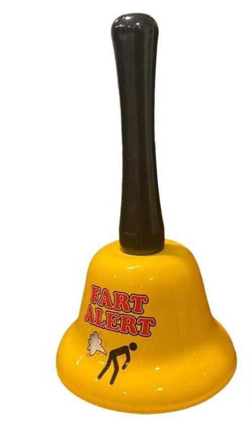 Introducing "The FART ALERT Hand Bell," a humorous yet effective warning system for those who appreciate comedy. This yellow bell, featuring a black handle and an illustration of a person bending over with a gas cloud, is the ideal gag gift for spreading laughs.