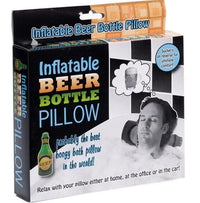 Packaging of the Inflatable Beer Bottle Bath Hot Tub Pillow - Funny Gag Joke Bar Drinking Gift features a person using the pillow, along with an image of a beer bottle and text that reads, "probably the best boozy bath pillow in the world!" Ideal as a gag gift or party favor.