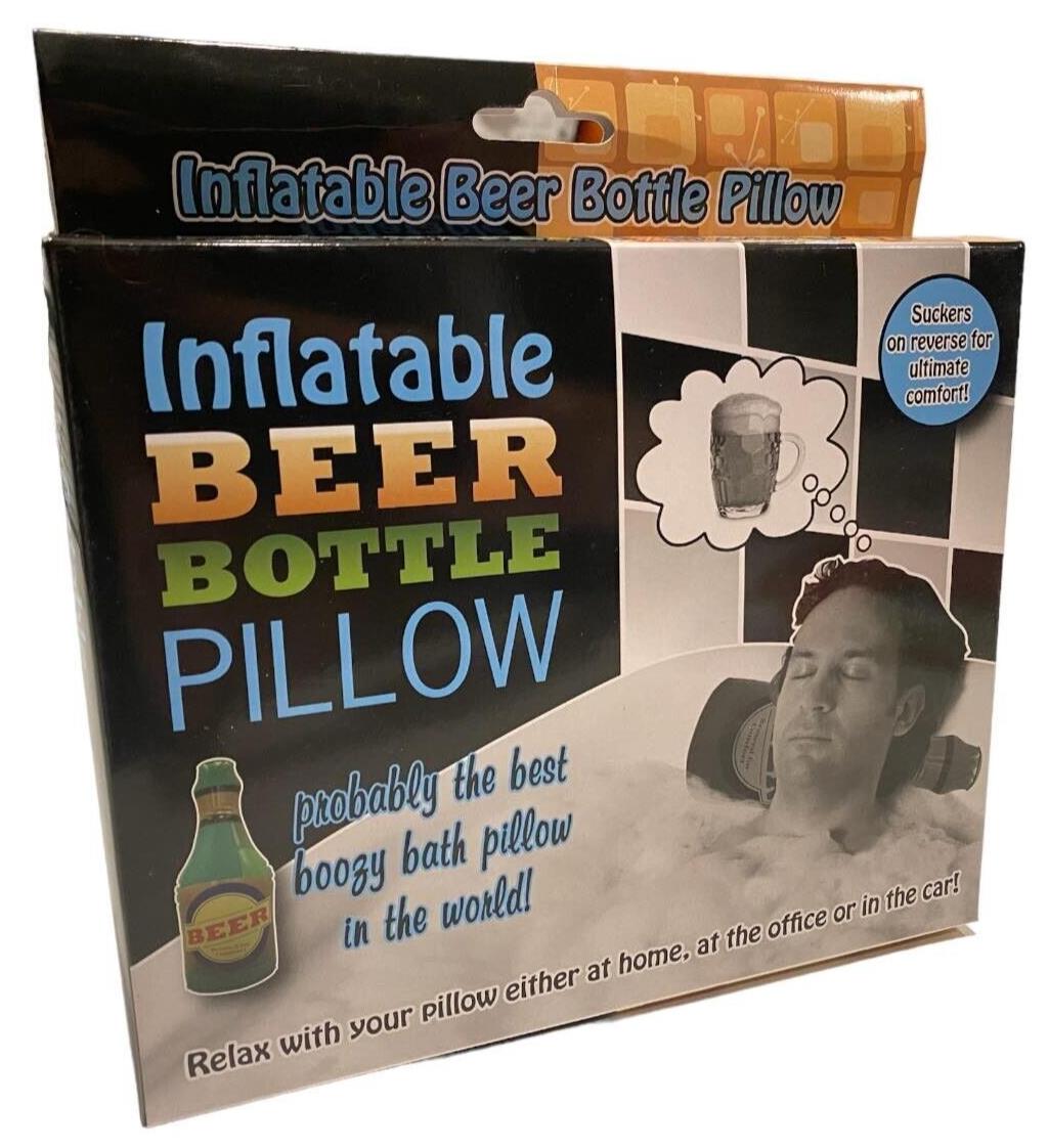 The packaging for the "Inflatable Beer Bottle Bath Hot Tub Pillow - Funny Gag Joke Bar Drinking Gift" displays an image of a man using the pillow in a bathtub, accompanied by text that highlights its features and versatile uses. Perfect as a gag gift or party favor, this entertaining and practical accessory ensures both comfort and laughter wherever you are.