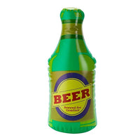 The Inflatable Beer Bottle Bath Hot Tub Pillow is a green and yellow inflatable object shaped like a beer bottle, labeled "BEER" in red with the phrase "Brewed for Comfort." It serves as the perfect gag gift or party favor.