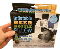 A person holds a package of the Inflatable Beer Bottle Bath Hot Tub Pillow - Funny Gag Joke Bar Drinking Gift. The package displays images of someone using the pillow and highlights its features. Text claims it is "the best boozy bath pillow" with suction cups, making it an ideal party favor or gag gift.