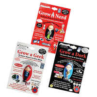 The set of three novelty toys, each labeled "Grow your own DORK," "Grow your own NERD," and "Grow your own GEEK," features expandable characters with humorous descriptions tailored to their respective themes, making them perfect for anyone who enjoys a touch of playful self-deprecation.