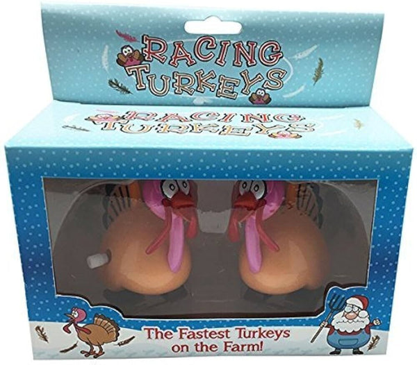 Box containing two "Racing Turkeys - What more can I say?" wind-up toys, featuring a playful farm-themed design. Labeled as "The Fastest Turkeys on the Farm!", this hilarious gag toy game makes for a perfect holiday stocking stuffer or humorous gift.