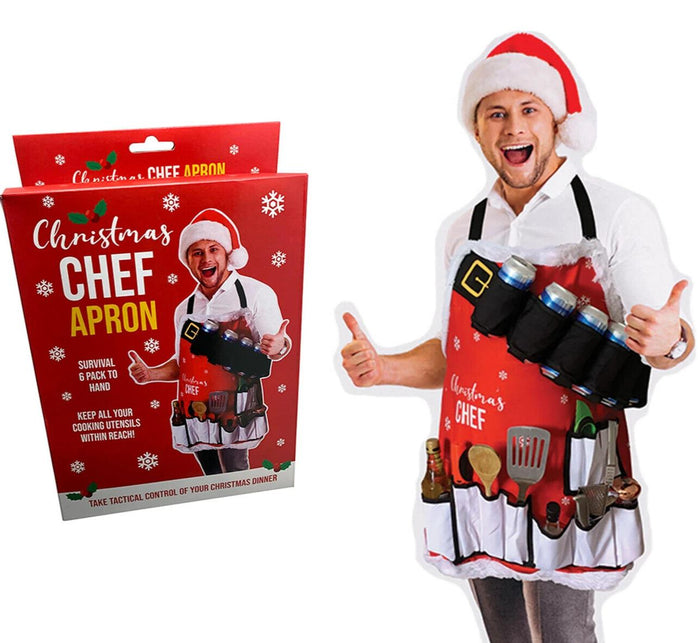 Christmas Chef Apron - Holds 6 Beers! 9 Large Pocket for Utensils - Holiday Gift