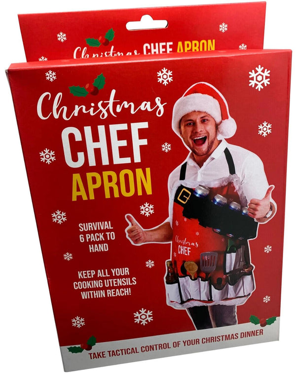 Christmas Chef Apron - Holds 6 Beers! 9 Large Pocket for Utensils - Holiday Gift