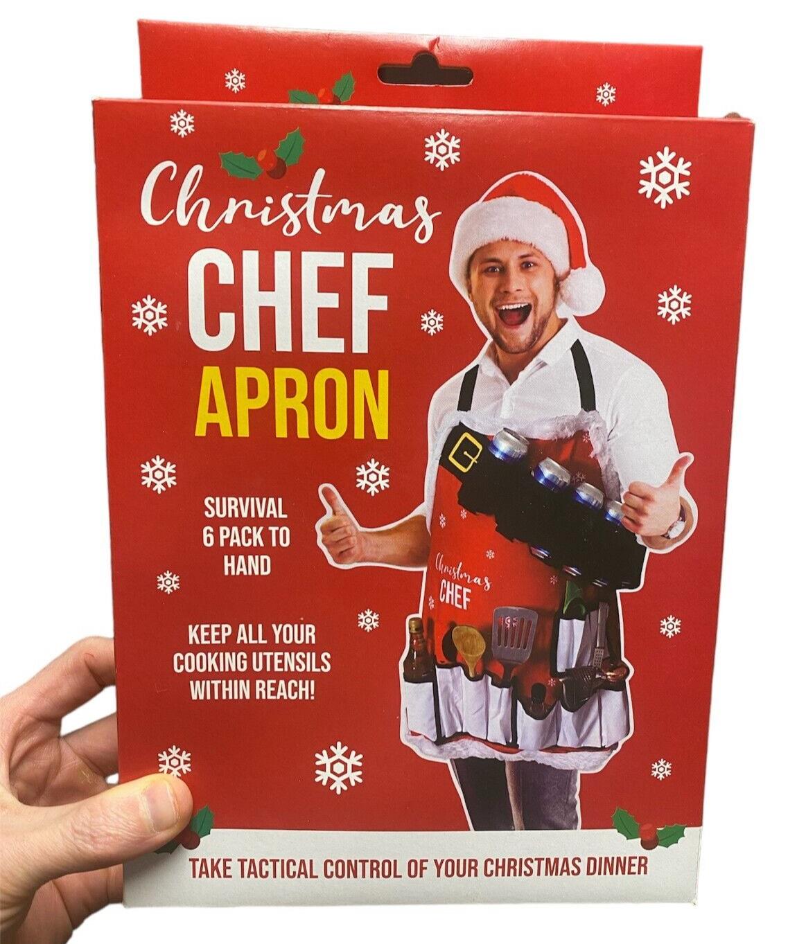 Christmas Chef Apron - Holds 6 Beers! 9 Large Pocket for Utensils - Holiday Gift