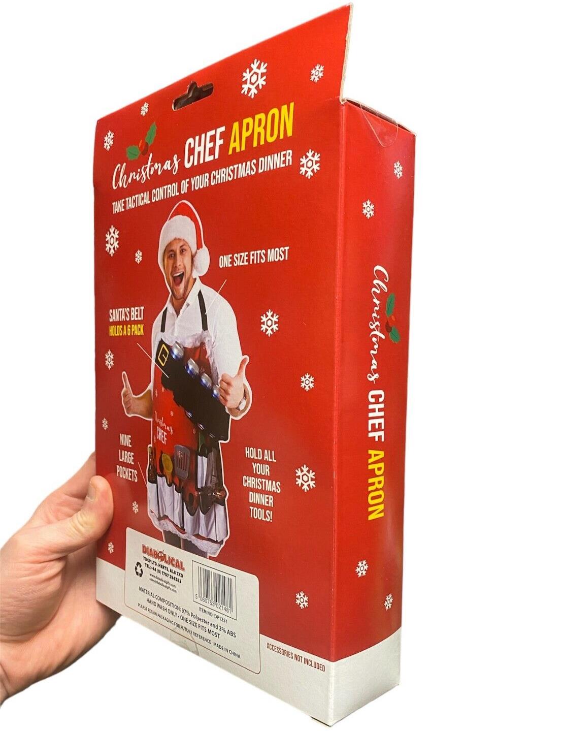 Christmas Chef Apron - Holds 6 Beers! 9 Large Pocket for Utensils - Holiday Gift