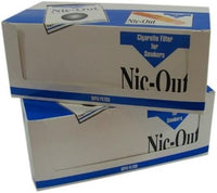 Two boxes of "40 Packs Nic Out Disposable Cigarette Plastic Filter Covers (1,200 filters)" are stacked on top of each other. The packaging primarily features blue and white colors.