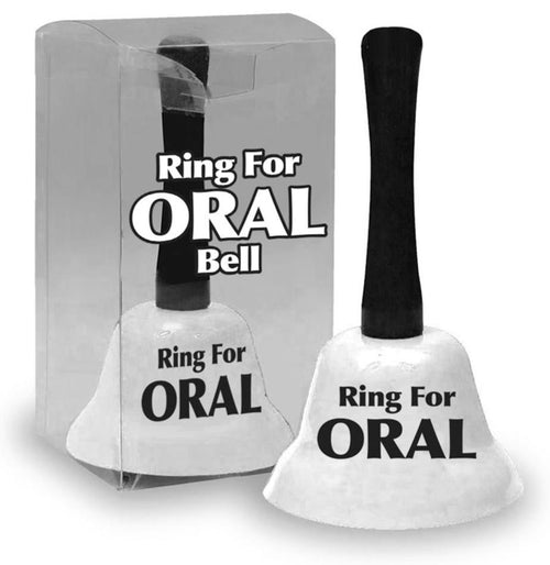 A small, durable white metal handbell with a black handle and "Ring for Oral Bell" in bold text pairs with a clear plastic box. Ideal as the "Ring for Oral Bell – Funny Bedroom Gag Gift, Novelty Desk Bar Bell, Joke Prank," it's perfect for instant service laughs.