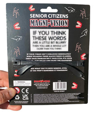 The packaging of the "Senior Citizens Old Magni-Vision - Over the Hill Magnify Eyes Glasses Gag Gift" emphasizes enhanced vision for seniors. It features warning labels and a chic pair of glasses designed to ensure clarity and comfort, making it an ideal prank gift.