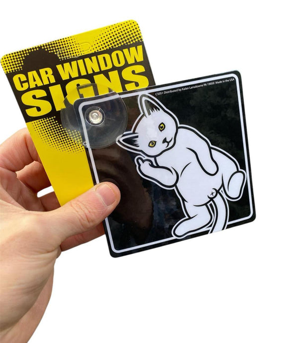 FU Middle Finger Cat - Plastic Car Window Suction Cup Decal Sign - Made in USA