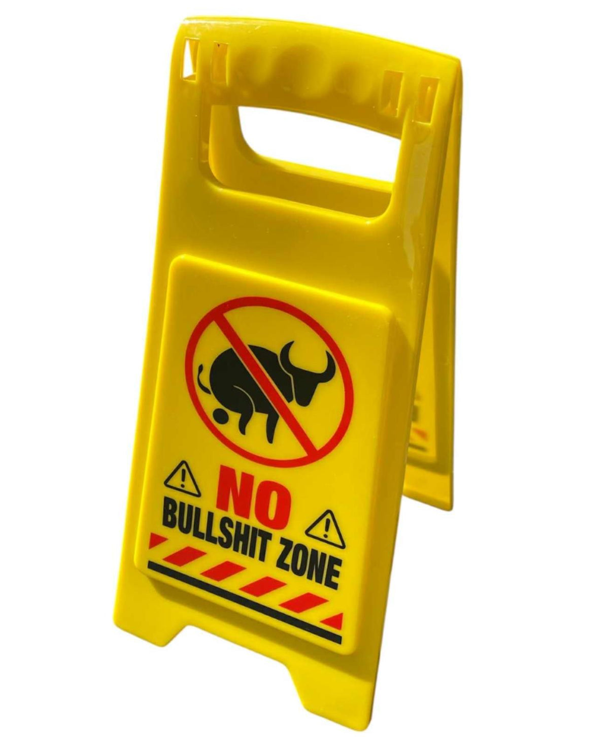 The ⚠️ Funny Warning No Bullshit Zone Desk Sign features a crossed-out bull icon and bold yellow text—an ideal office humor gag joke and funny gift for any desk.