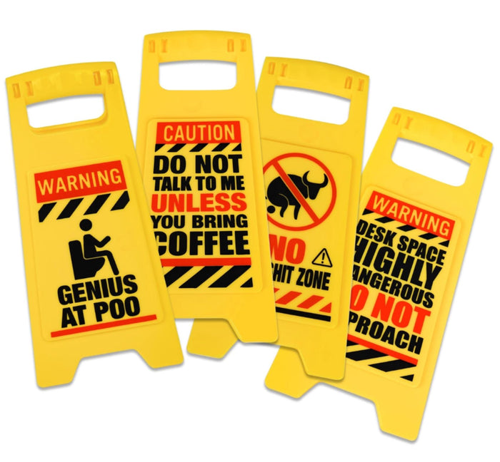 The ⚠️ 4 Pack Funny Warning Desk Signs ⚠️ Office Caution Humor Gag Gift Potty Set features yellow plastic signs with hilarious messages about restrooms, coffee, and desk dangers—ideal for coworker gifts or office pranks.