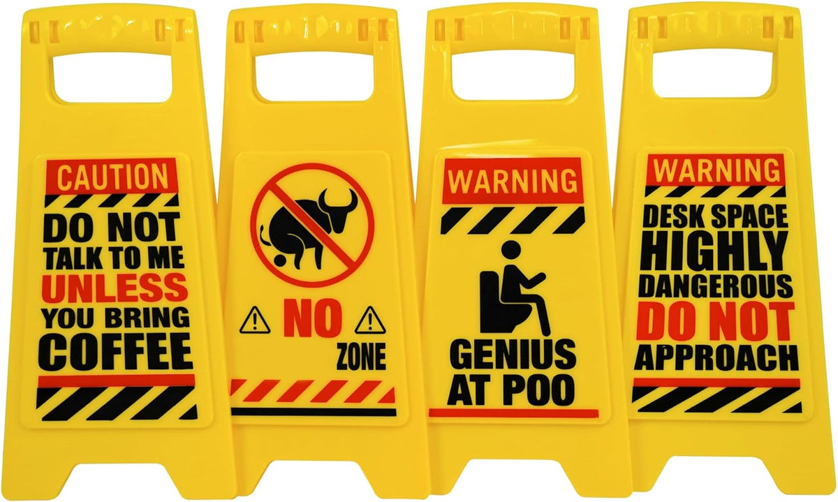 ⚠️ 4 Pack Funny Warning Desk Signs—features humorous messages about coffee, no bull zone, potty use, and dangerous desk space. A hilarious office gag gift or for lighthearted pranks!.