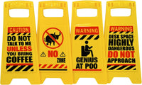 ⚠️ 4 Pack Funny Warning Desk Signs—features humorous messages about coffee, no bull zone, potty use, and dangerous desk space. A hilarious office gag gift or for lighthearted pranks!.