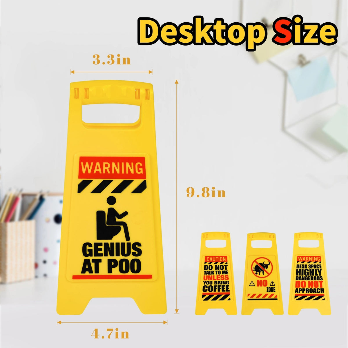 The ⚠️ 4 Pack Funny Warning Desk Signs ⚠️ Office Caution Humor Gag Gift Potty Set features small yellow desk signs like "Genius at Poo," perfect as quirky office decor or hilarious gag gifts for coworkers' desks.