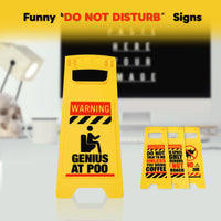 The ⚠️ 4 Pack Funny Warning Desk Signs ⚠️ Office Caution Humor Gag Gift Potty Set includes four humorous yellow signs like "Genius at Poo," perfect for desk décor or office pranks.