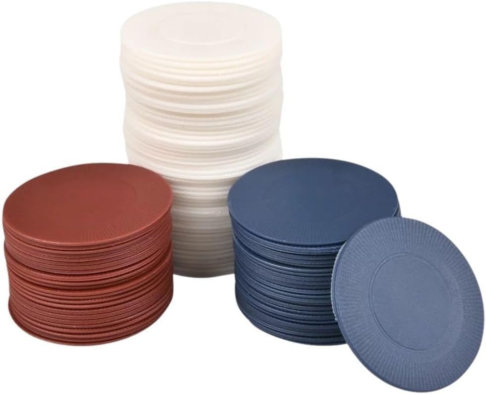 Stacks of economical red, white, and blue poker chips from the 2500 Plastic Poker Chip set – Red White Blue bulk lot arranged in columns for a perfect poker night.