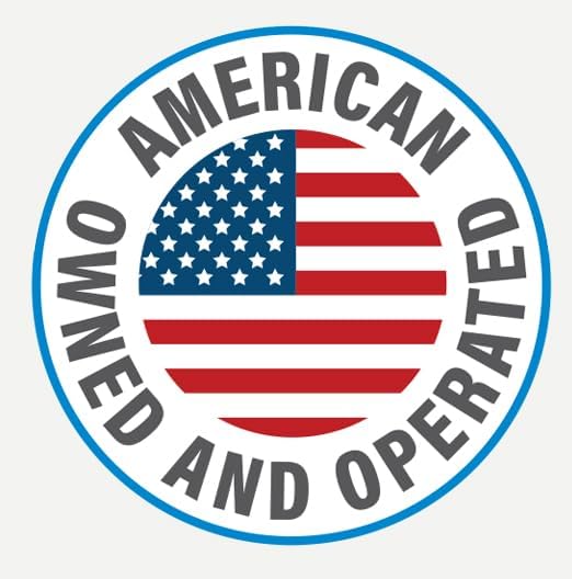 Circular logo featuring the text "American Owned and Operated" encircling a stylized American flag, making it an ideal complement to the 10 TOTAL - The Grinch Million Dollar Christmas Play Holiday Bills for party favor gifts.