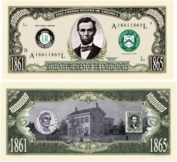 The 1000 - President Abraham Lincoln Million Dollar Novelty Money Patriotic Bills feature a depiction of Abraham Lincoln's portrait with seals and a serial number on the front, while the reverse showcases a historic scene and a smaller Lincoln portrait. These bills serve as ideal novelty money or party favor gifts, but they are not legal tender.