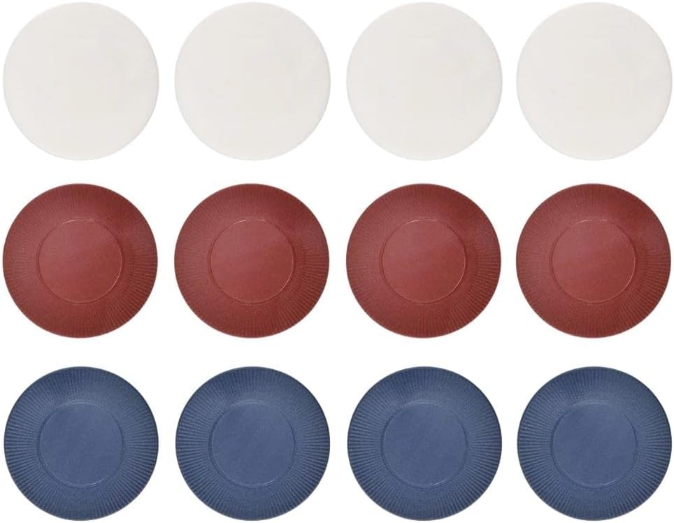 Image of three rows of round paper plates in different colors: the top row is white, the middle row is red, and the bottom row is blue. Each row contains four plates. Perfect for adding a pop of color to your poker night setup alongside your 2500 Plastic Poker Chip set - Red White Blue bulk lot.