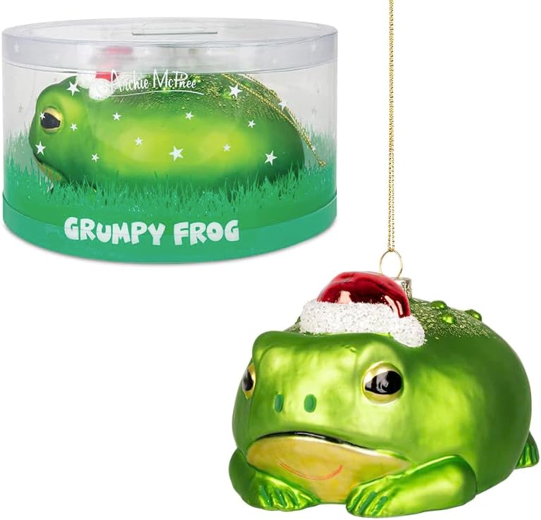 Grumpy Frog Ornament - Chriistmas Holiday Art Hand-Blown Glass ® Archie McPhee