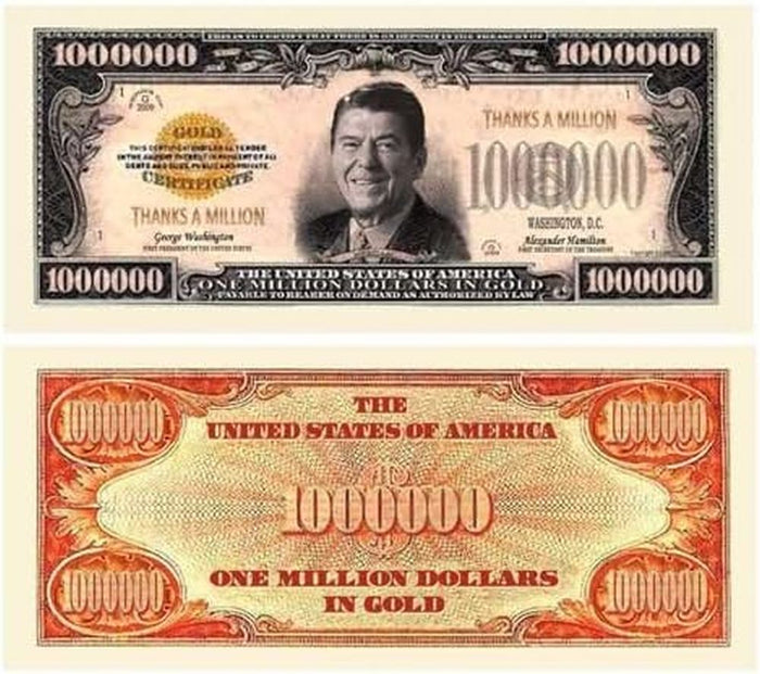 Introducing the "Thanks A Million" Ronald Reagan Dollar Gold Certificate Banknote—a captivating novelty $1,000,000 bill. Ideal as party favor gifts, it boasts a stunning portrait on the front and prominently displays "One Million Dollars in Gold" on the back. These novelty banknotes are guaranteed to make an impression at any event!