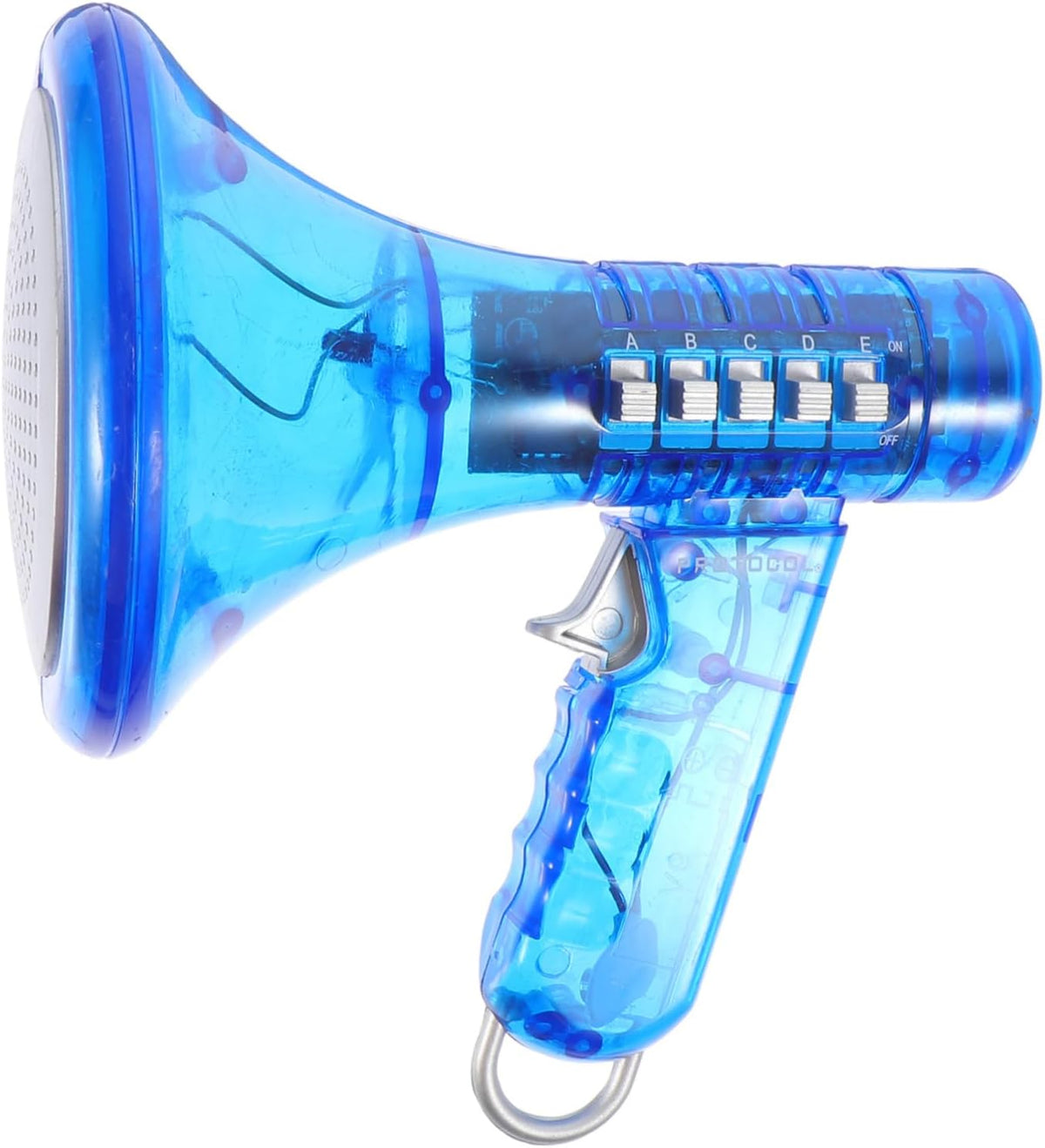 The Voice Changer Megaphone Toy is a blue, transparent bullhorn mic for kids and adults, featuring 10 funny sound effects, labeled switches, flashing LED lights, and visible internal wiring.